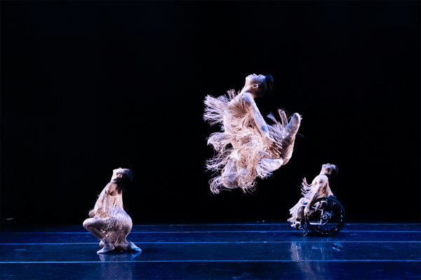Three dancers reach their torsos and heads upwards in energetic unison. Janpi sits in their wheelchair, Lani kneels on the floor, and AJ jumps in the air with feet reaching behind him. All three dancers wear costumes made with gold fringe that responds to their movement.