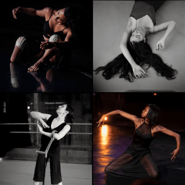 Four artistic photos of the 2020 Choreo-Lab choreographers. Stephanie, who has a lower limb difference, sits on the floor making a curved shape with her arms. Pelenakeke lies on the floor with her long black hair flowing downwards. Michele poses in a studio, using one arm to support her body with a forearm crutch and placing the other arm on top as she looks sideways. Ellice kneels on the floor and brings both arms out into a curved shape.