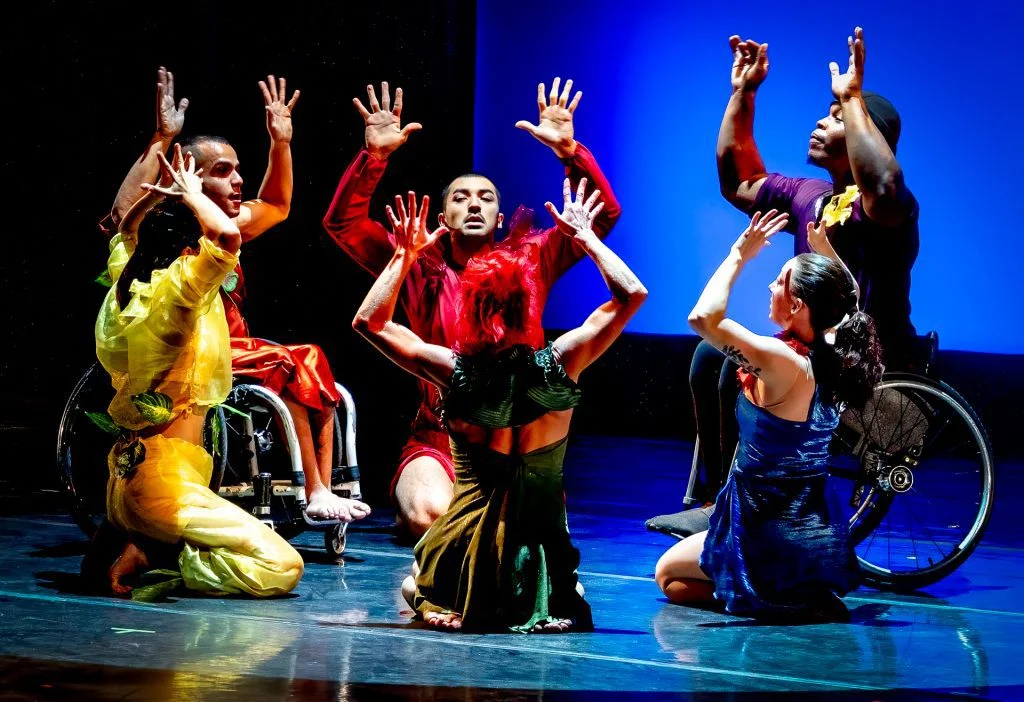Six disabled and non-disabled dancers sit in a circle and bring their hands up with palms outstretched. They wear flower-inspired costumes that together make up the colors of the rainbow.