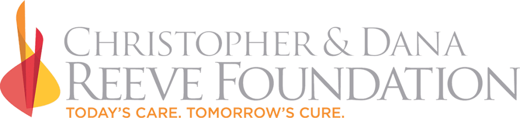 Orange, red and grey logo reads: Christopher & Dana Reeve Foundation: Today’s Care. Tomorrow’s Cure. 