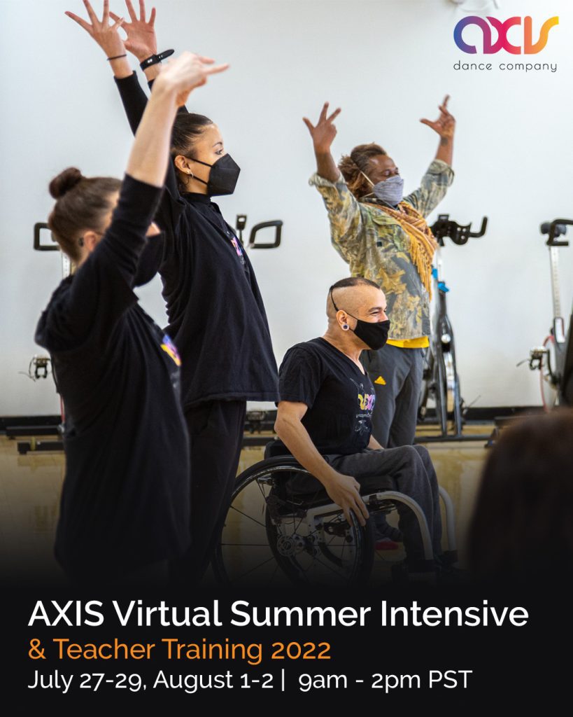 Three disabled and non-disabled AXIS dancers and a class participant raise their hands upwards together with feeling; orange and white text reads intensive information described below.