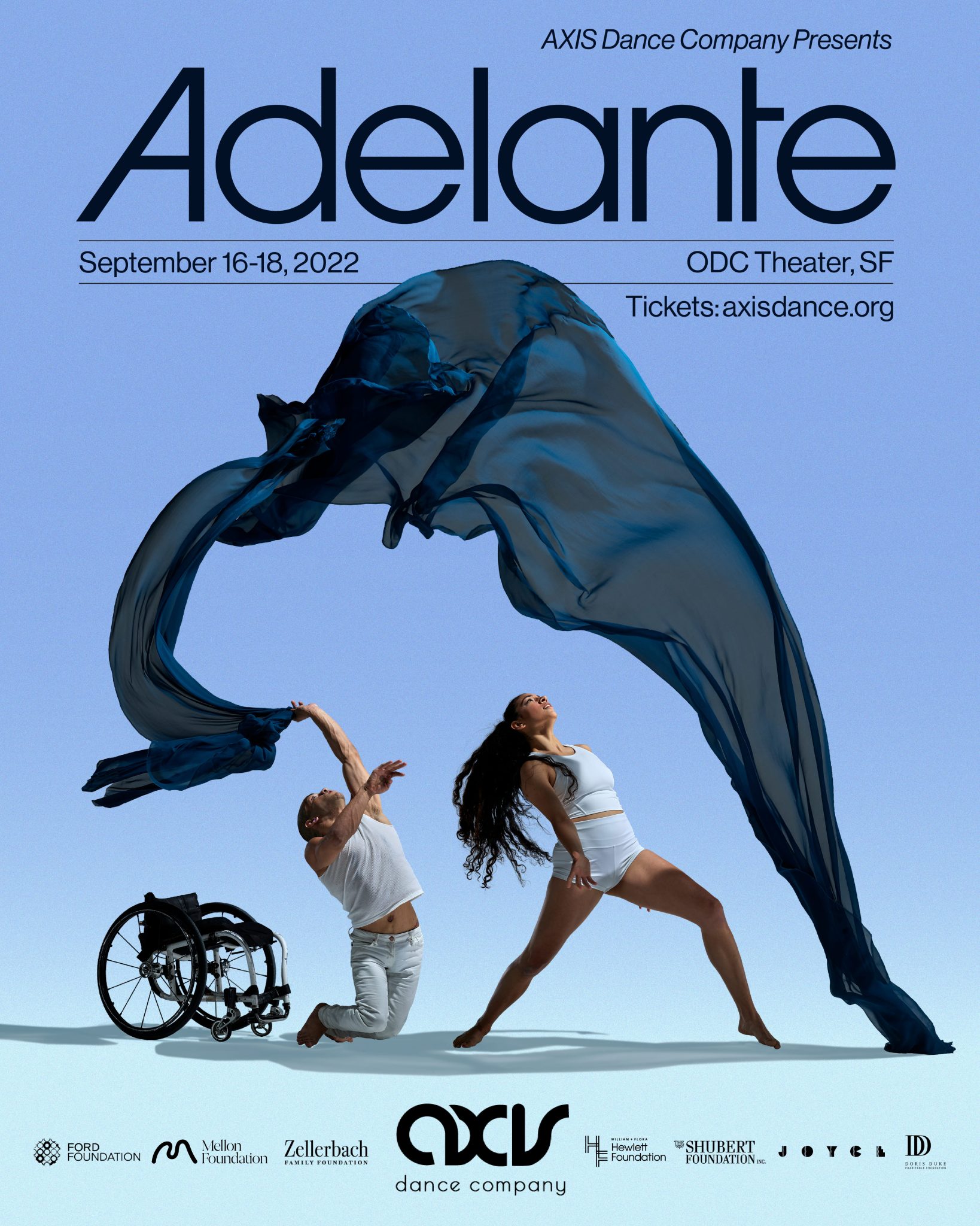 JanpiStar falls elegantly from their wheelchair to the floor as they raise up a billowing piece of blue fabric; Zara leans back as the fabric falls above her. Black text reads 'Adelante' along with ticketing information included below. At the bottom, the black AXIS logo is placed beside 7 funder logos.