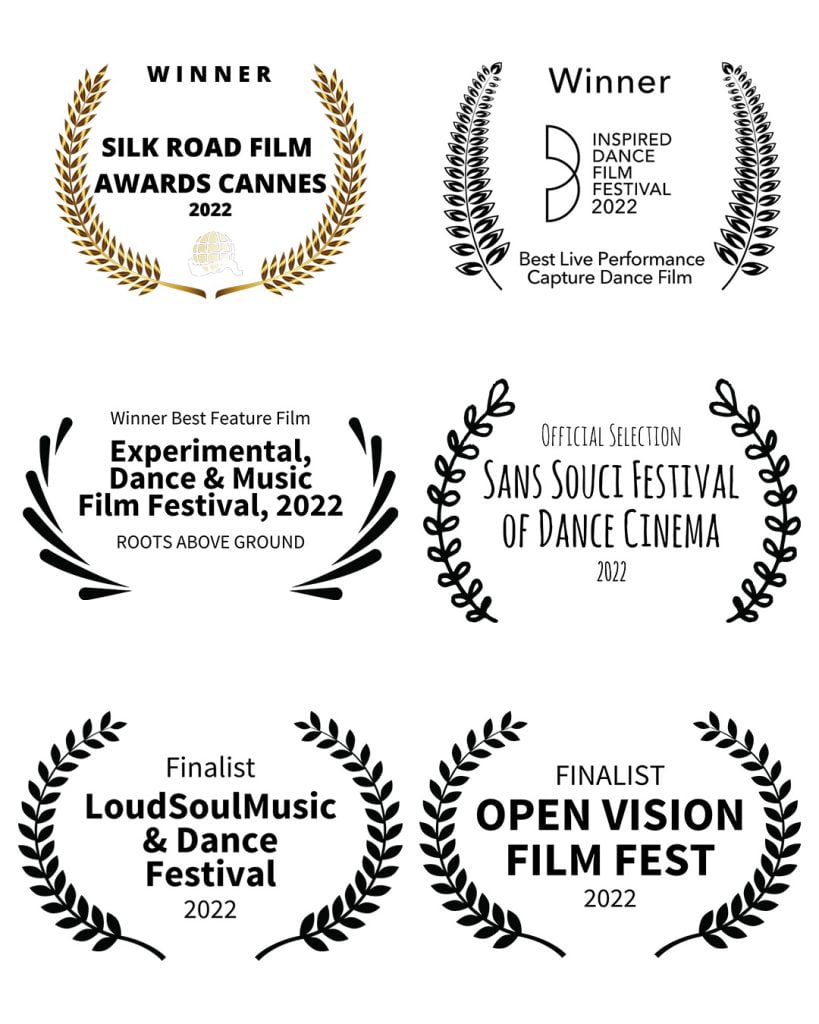 White and gold laurels on  a black background for the film festival awards listed above.