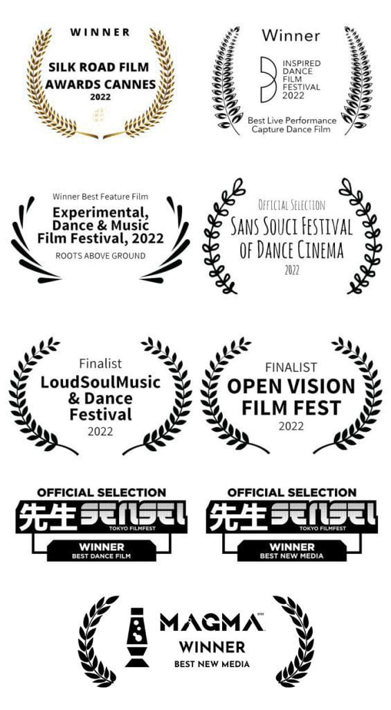 White and gold laurels on a black background for the film festival awards listed above.