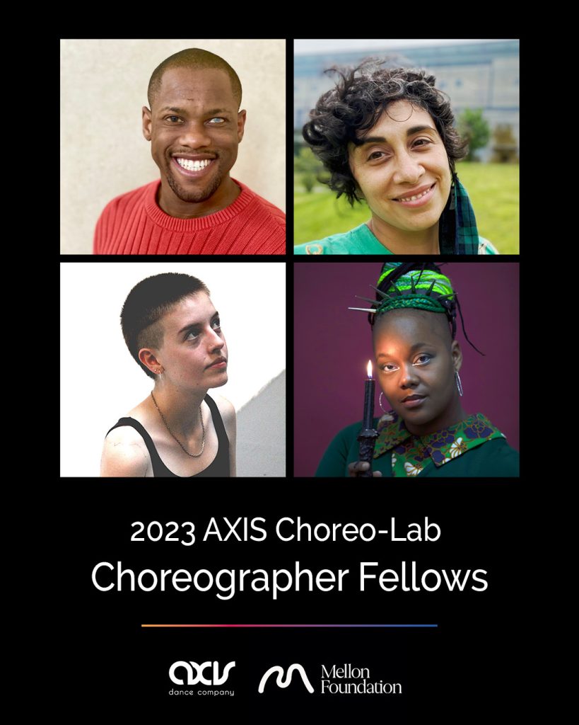 Headshots of four artists, alongside white AXIS & Mellon Foundation logos. Davian Robinson poses orange sweater with a big wide smile. Then, a brightly-lit photo of Larissa from the shoulders up. Larissa has light brown skin and short, curly black hair that curls around their foreheard and ears. They are smiling at the camera with a soft expression. They are wearing a teal shirt with a yellow design, and a green mask with a plaid design hangs off of their left ear. Sammie, a white person in their early 20s, is kneeling on a grey floor with a white wall behind them. They are looking slightly up and to the left. Then, Saira - a queer person with warm brown skin and a green bun - leans one eye toward a candle.