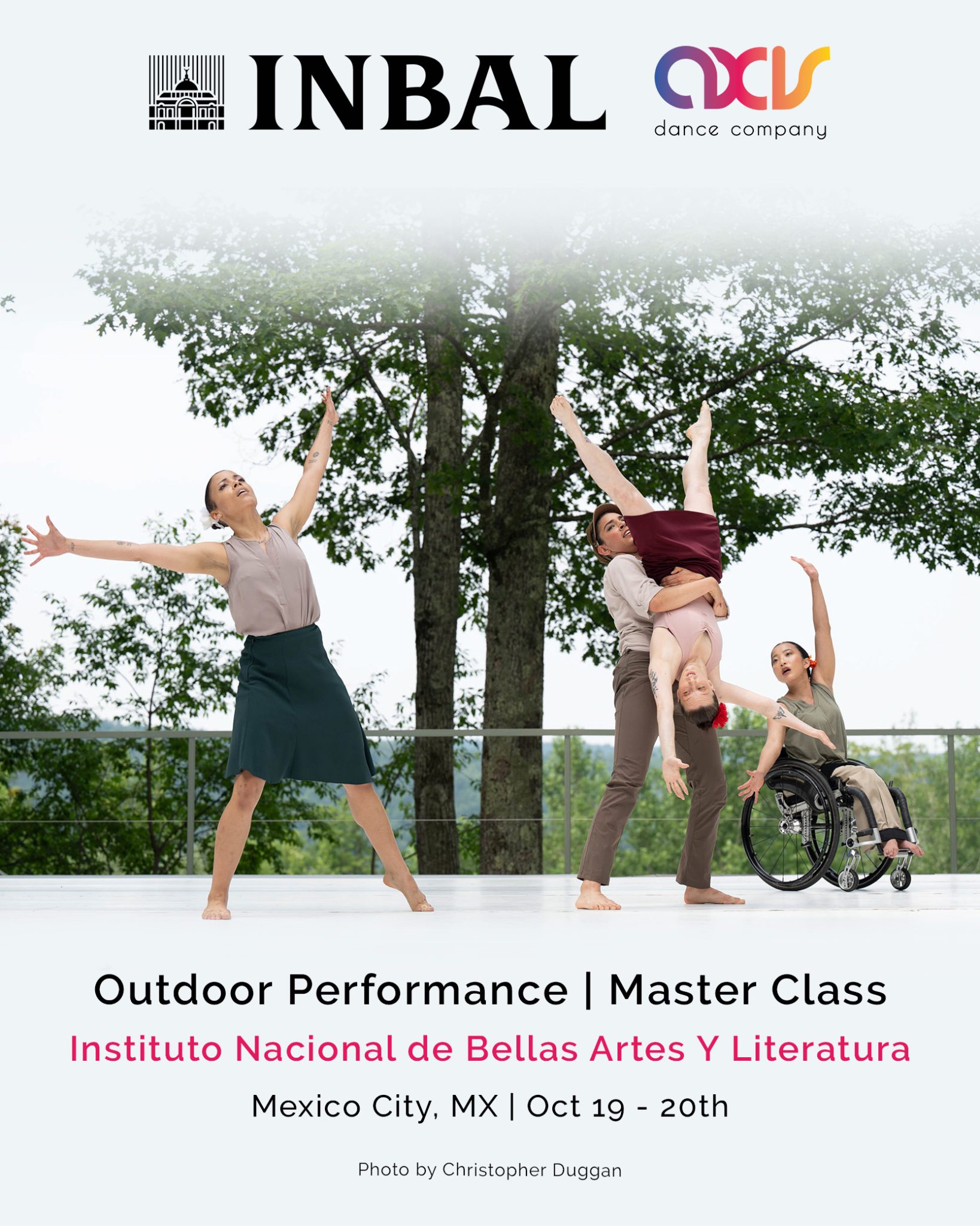 A diverse group of disabled and non-disabled dancers perform on a white outdoor stage, which opens up to a majestic background of trees, rolling hills and sky. Zara lifts Louisa upside down in a cartwheel motion, while Julie and Alaja follow this motion with their upper limbs. The dancers wear period costumes in shades of beige, green and maroon, with red and white flowers in their hair. The INBA and AXIS logos are placed next to text included in event description.