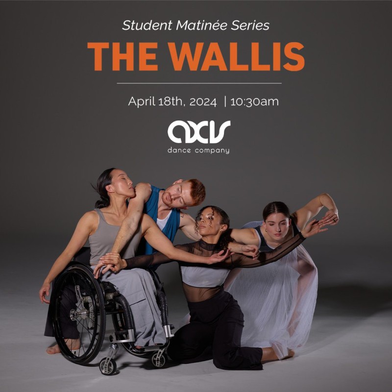 Four disabled and non-disabled dancers connect their upper limbs, heads and necks in an intimate chained embrace, lit in the studio with a shadowy moonlit effect. Text reads information described in event, with orange Wallis logo and white AXIS logo