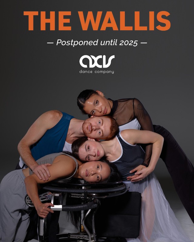 Four dancers stack their heads on top of each other with tenderness; Julie places her head on a wheel of her wheelchair at the bottom, which is turned over on it's side. The dancers wear costumes in grey, blue and iridescent white on a grey background; text reads 