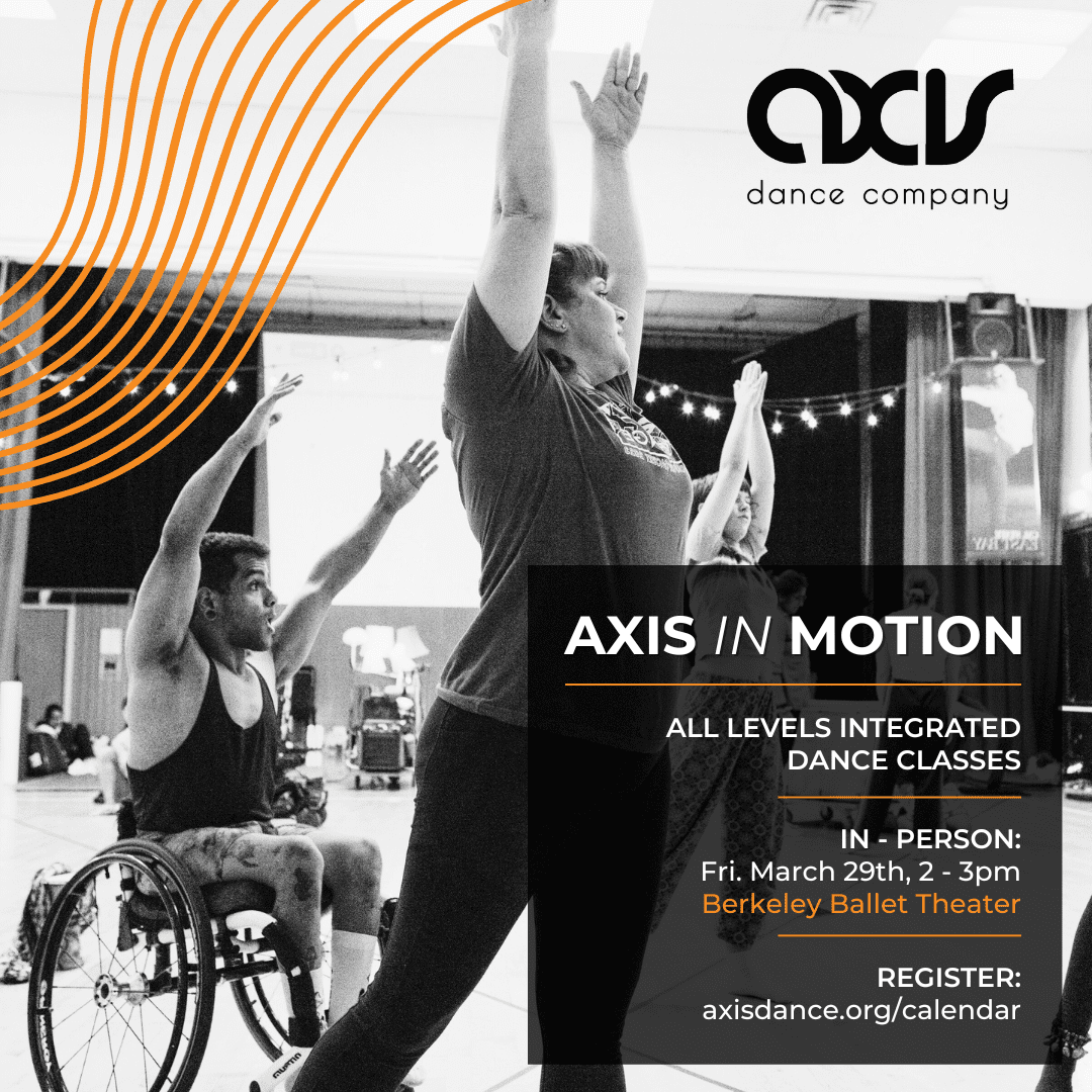 A black and white photo of three disabled dancers taking class at the AXIS Summer Intensive. One dancer uses a power wheelchair, two are standing. Information in event listing included in white text, along with bright orange line illustrations.