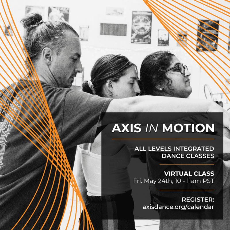 A black and white image of three dancers touching each other's shoulders to connect with one another, with eyes closed. Orange line designs are laid over the top, with black and orange text that reads information included in event listing.