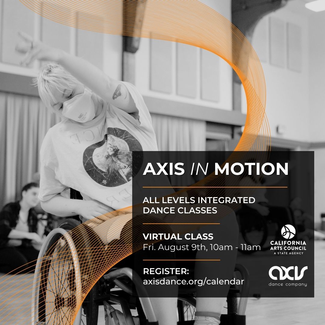 A black and white image of a Summer Intensive participant, who is a wheelchair user, reaching one upper limb to an up diagonal while in a side lunge. They wear a mask. White text with orange spiral illustrations reads information included above.