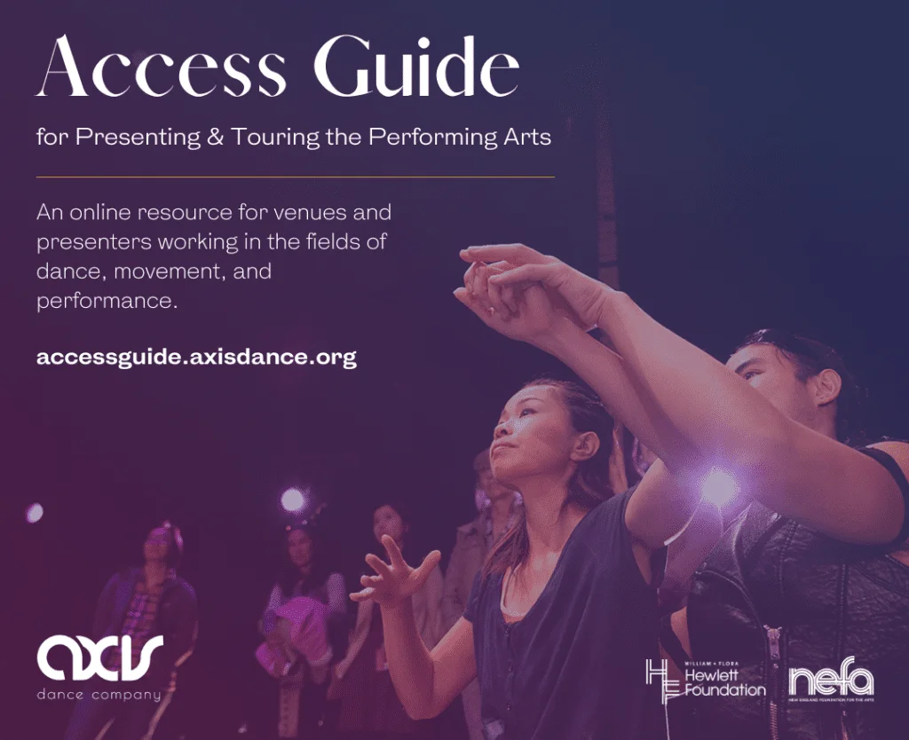 Former AXIS Dancer Yuko leads a participant through a pre-show touch tour of our 2019 Home Season. White text overlayed on a purple/blue gradient includes information included above.