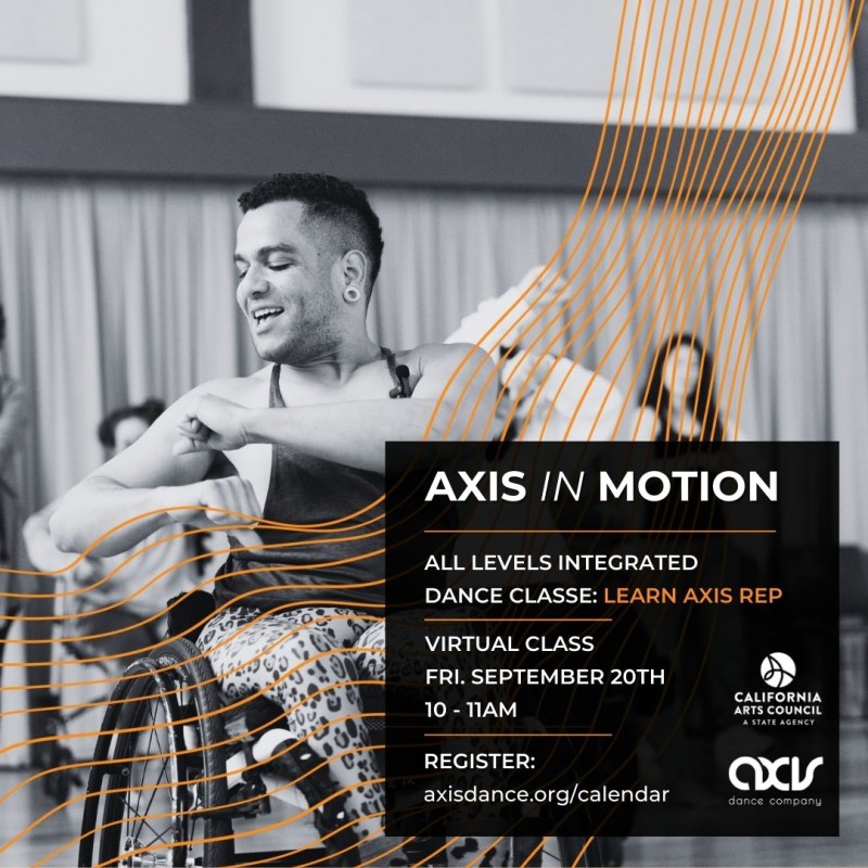 A black and white image of AXIS Dancer JanpiStar demonstrating a move in salsa class, while disabled and non-disabled dancers look on. Text reads information described above and below.