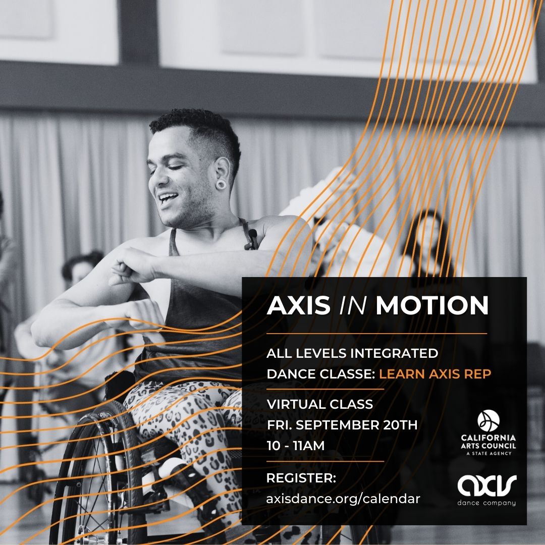 A black and white image of AXIS Dancer JanpiStar demonstrating a move in salsa class, while disabled and non-disabled dancers look on. Text reads information described above and below.