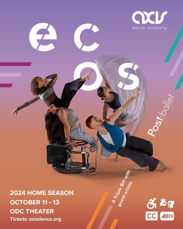 A poster with a purple, orange gradient. In the center four AXIS dancers strike a pose. Above the dancers is the title in large white font, 