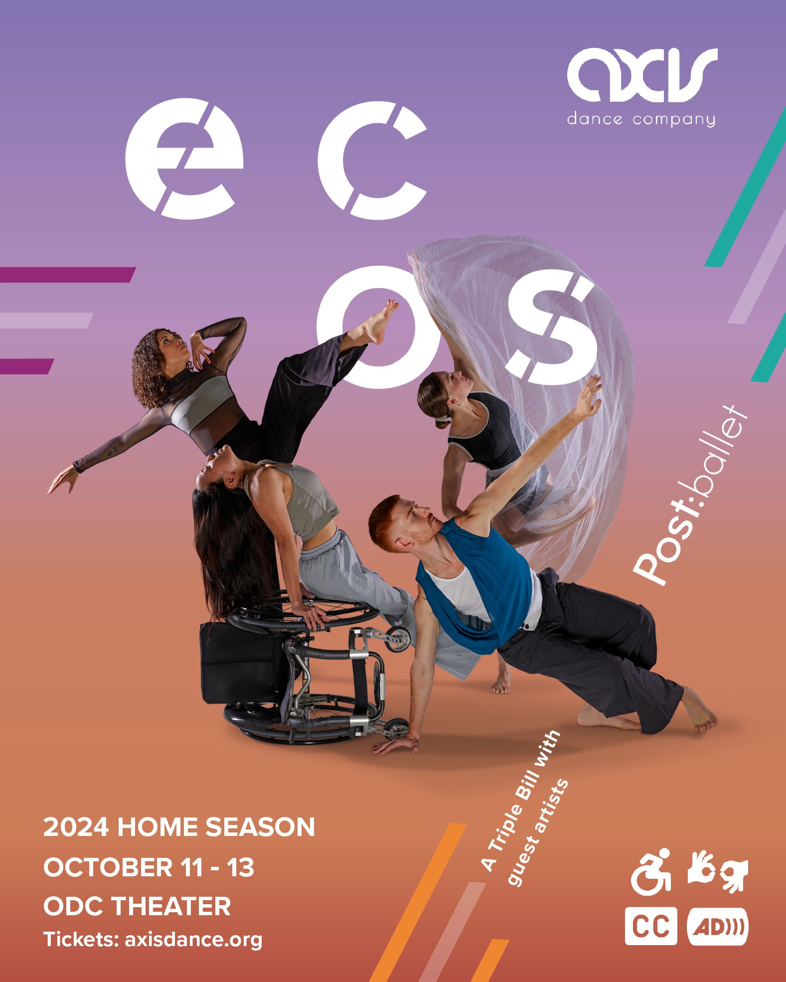 A poster with a purple, orange gradient. In the center four AXIS dancers strike a pose. Above the dancers is the title in large white font, "Ecos". Smaller white font near the bottom of the poster reads, "October 11 - 13th, ODC Theater, a triple bill with special guests artists Post:ballet." In the bottom right corner there are the universal access symbols for audio descriptions closed captioning, sign language interpretation, and wheelchair accessibility.