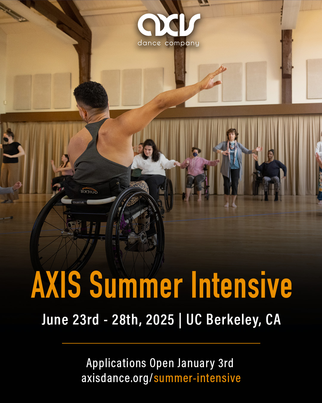 AXIS Dancer JanpiStar leads a group of Summer Intensive participants in a dance class. Janpi, who uses a wheelchair, reaches one arm out on a diagonal. A group of sitting and standing dancers follow Janpi's movements. Text reads information described above.