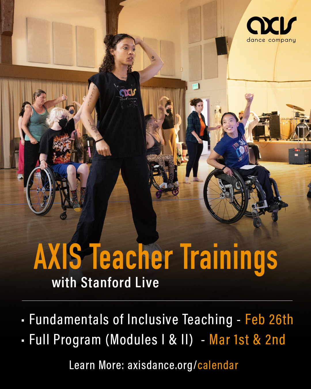 An image of AXIS Dancers Alaja Badalich and Julie Hasushi teaching dance to a group of disabled and non-disabled adult Summer Intensive participants. Alaja places one hand on their head, while Julie lifts one arm up and smiles. Text reads information described on event page.