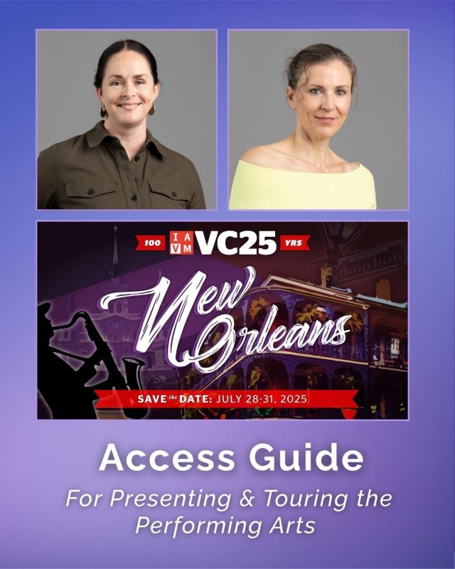 Headshots of Danae Rees and Nadia Adame placed on a purple gradient background beside Venue Connect logo with 'New Orleans' text and jazz musician illustrations. Additional text reads